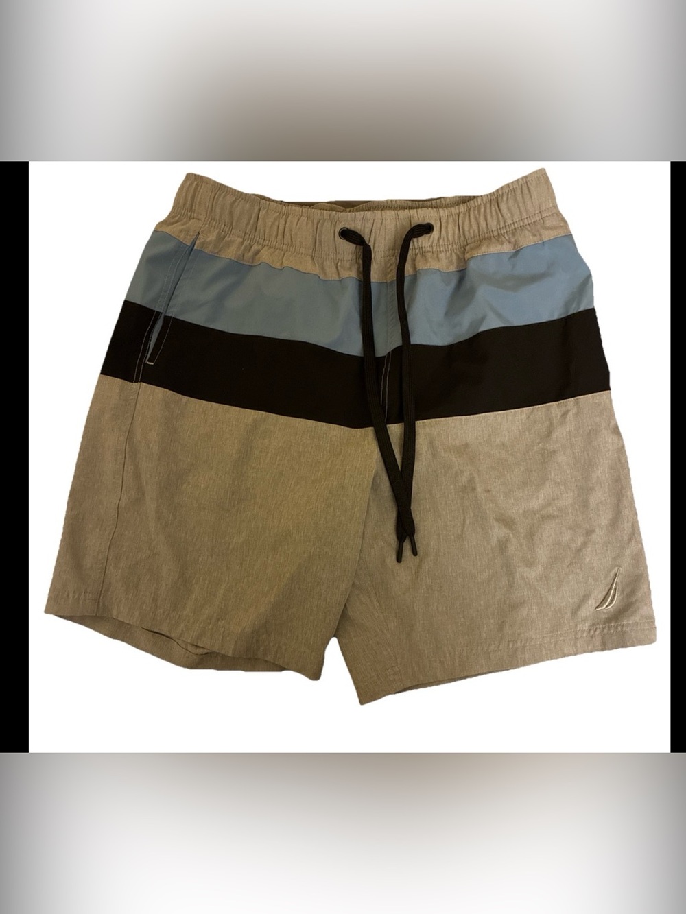 Nautica Men Short M Blue/ Gray Logo Elastic Waist Drawstring Beach Swim Trunk